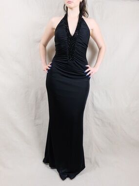 JS Boutique Black Beaded Halter Maxi Dress